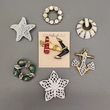 Brooch Lot of 7 Nautical Beach Shell Anchor White Enamel Signed