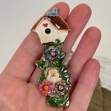 DAMAGED Handmade CERAMIC BIRDHOUSE FLOWER Brooch Gardener Gift Garden Bird Lover