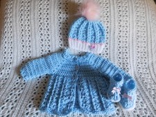Handmade Baby Crochet Sweater Set Hat and Booties Girls 0-3 months - Blue