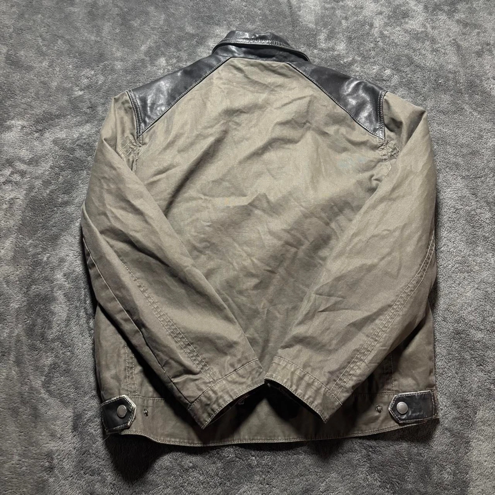 Tommy Bahama Moto Canvas Jacket Men’s L green Black Leather Accents Biker image 4