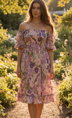 GIRL IN THE SUN Dress Size S Pink Purple Midi Dress Elastic Bodice Off Shoulder