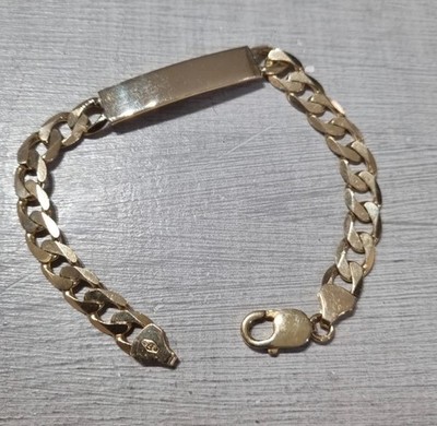 Massives flaches Panzerarmband 9 kt Gelbgold Vintage ID-Platte 8,2 Zoll