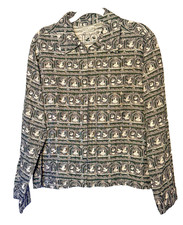 Chico  s Womens Black Silver Silk Rayon Zip Jacket Size 2 Long Sleeve Cameo Print