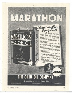 1937 OhiO Ohio Co. of Findlay, OhiO Ad: Marathon RANGER CRUDE Motor Oil - LINCO