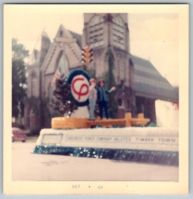 Vtg Color Snapshot Two Women On Consumers Power Timber Town Parade Float 1968