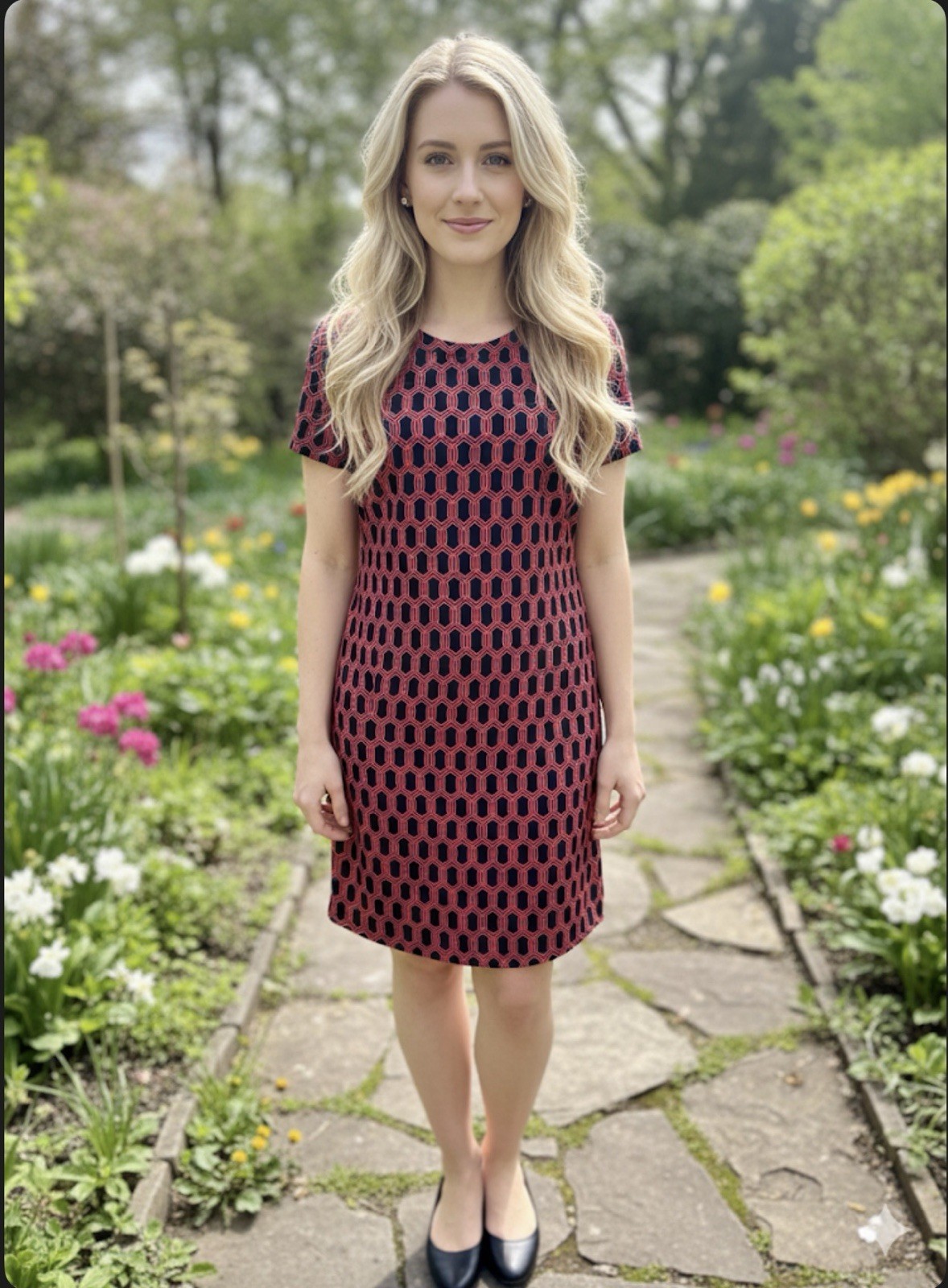 Adrienne Vittadini Geometric Print Midi Dress Pink Navy Short Sleeve Size 12