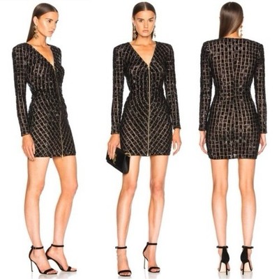 Self-Portrait Sequin V-Neck Zip Front Black Mini Dress Event Special Occasion 8