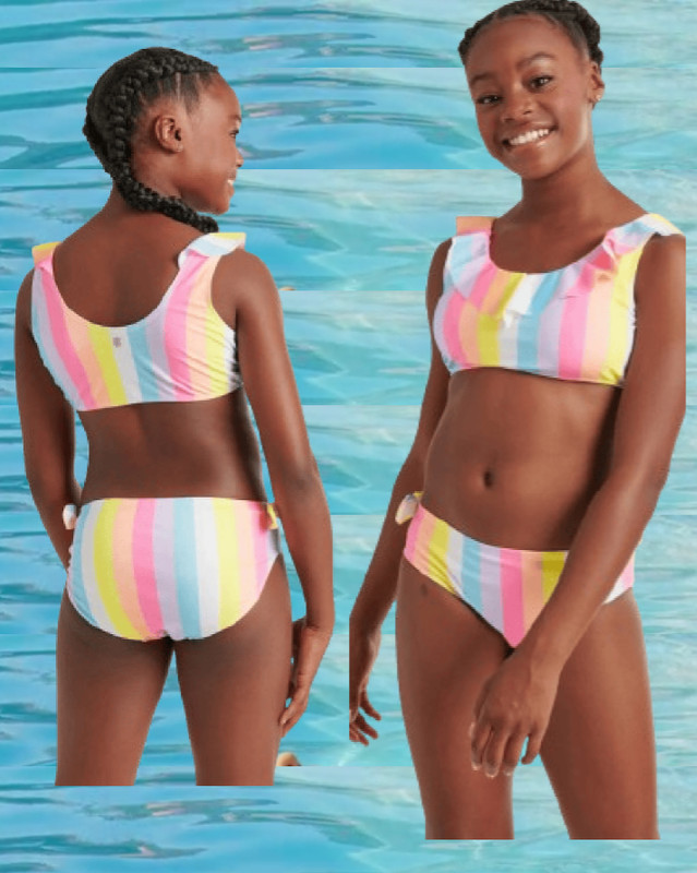 Justice Girls 2-Piece Striped Ruffle Bikini Swimsuit SIZE XL 16-18 Bleach White