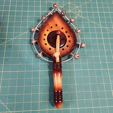 Artisan Folk Art Style Wood Vietnam Hand Drum Bells Percussion Instrument RARE