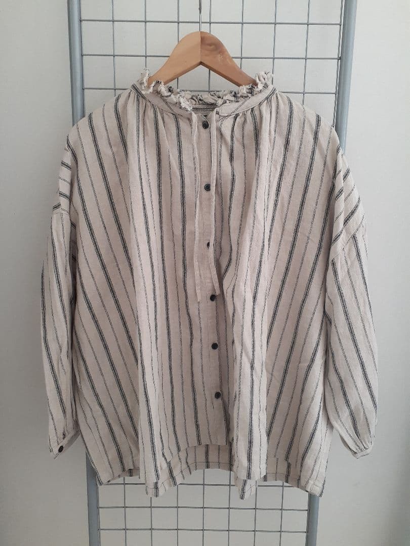 ICHI Striped Blouse Cotton Linen Frill Collar Oversized Black Used