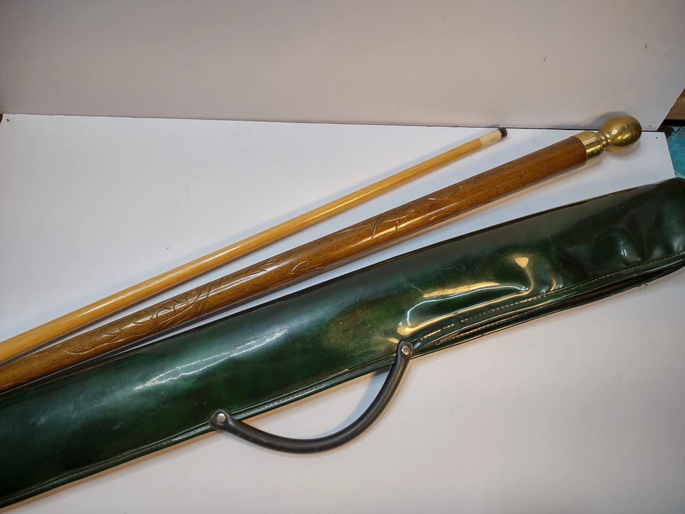 Taco de billar bastón dragón tallado vintage con estuche verde Foto 3 de 4