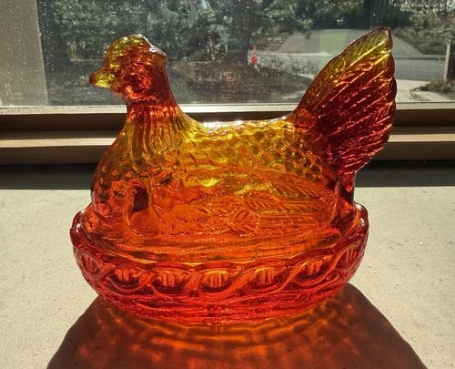 Vintage Amberina Glass Hen on Nest w chicks Covered Dish Candy Dish Orange Red