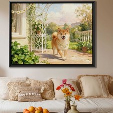 Oil Painting Shiba Inu Dog Canvas Floral Pet Wall Art Vintage Decor Living Room