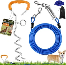 LANNEY Dog Tie Out Cable and Stake, 30ft Leash Chain Lead with Swivel Blue 