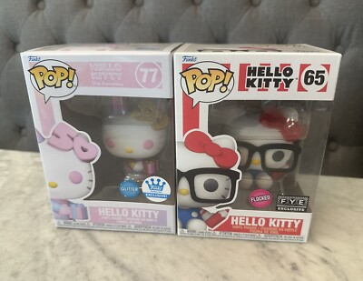 Funko Pop 77 Hello Kitty Glitter- Funko Exclusive & 65 Hello Kitty Flocked FYE