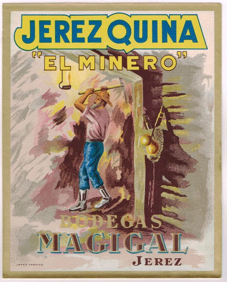 C1920 WINE BOTTLE LABEL ORIGINAL EL MINERO MINER GOLD PROSPECTOR NUGGETS VINO - Image 1 of 1