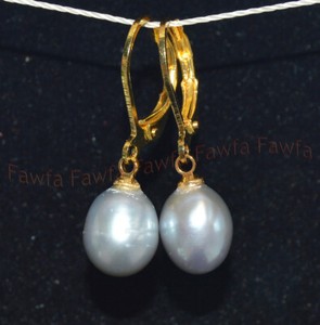 Authentic 8-9mm Gray Natural Freshwater Rice Pearl Dangle Silver/Gold Leverback Earrings