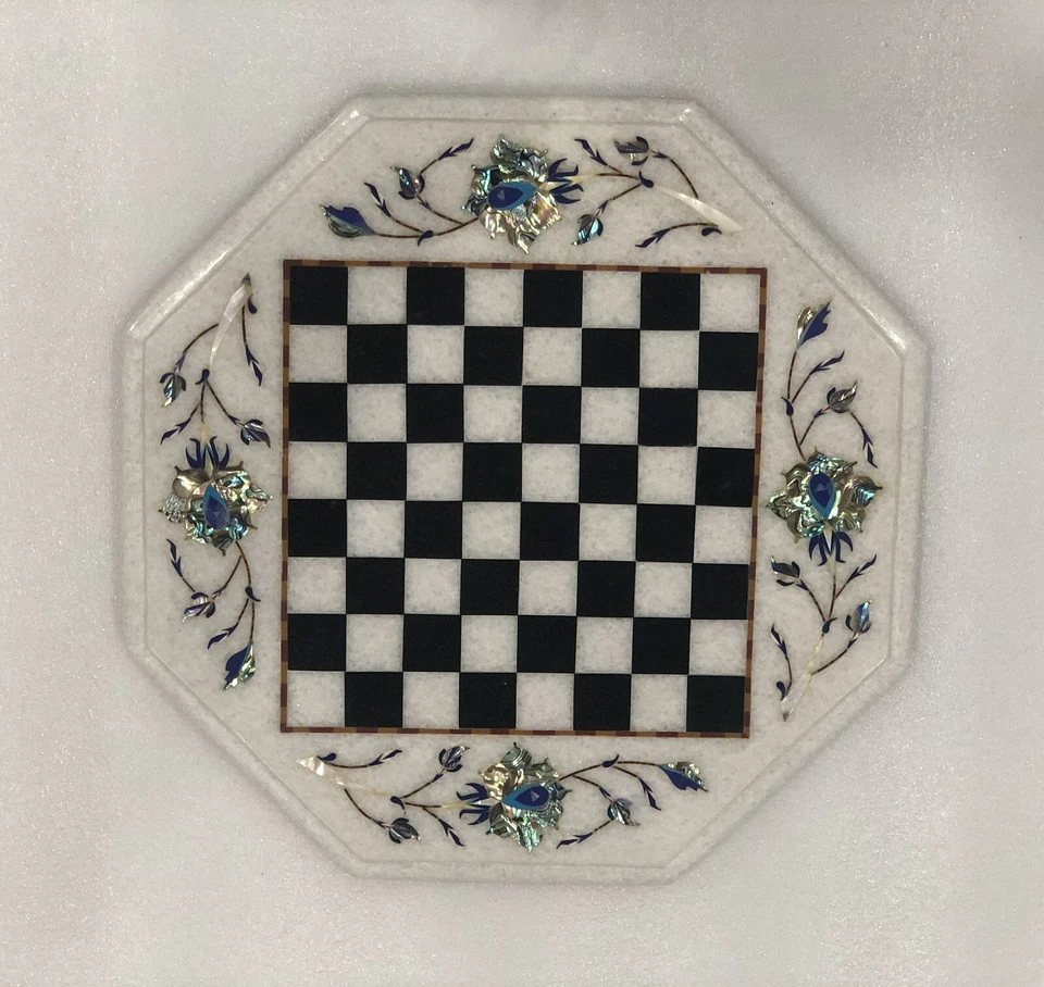 12" White Marble Chess Coffee Table Abalone Shell Floral Inlay Art Game Set Deco - Image 2 of 4
