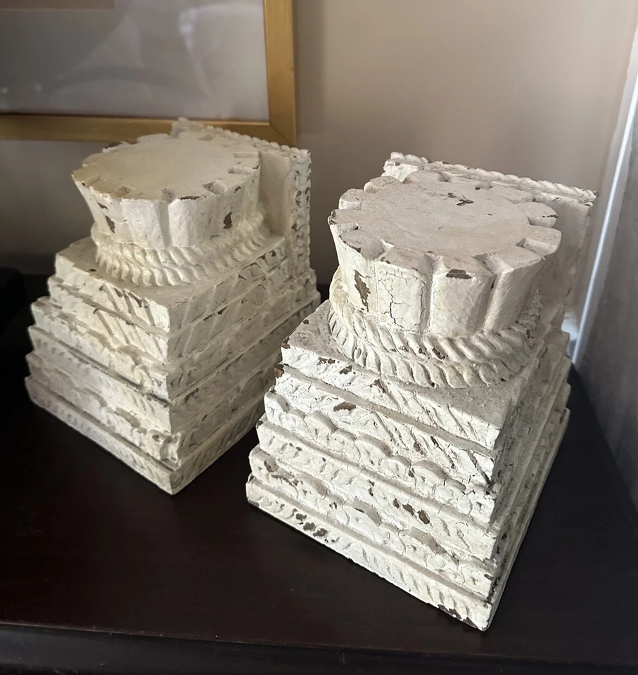 Pottery Barn Architectural Candle Pillar Holders Ivory Wood Candleholders Carved - Image 4 of 4