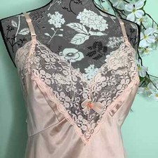 Vintage Nylon Deep V Neck Lace Camisole Cami Slip Salmon Pink Sliperfection USA