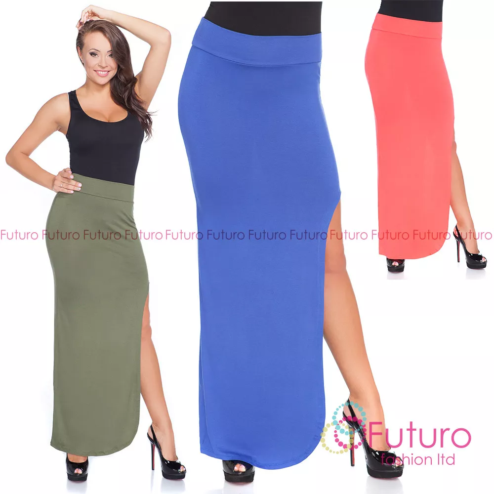 Womens Maxi Skirt High Waist Leg Slit Split Long Skirt Side Open Size 8-12 1075