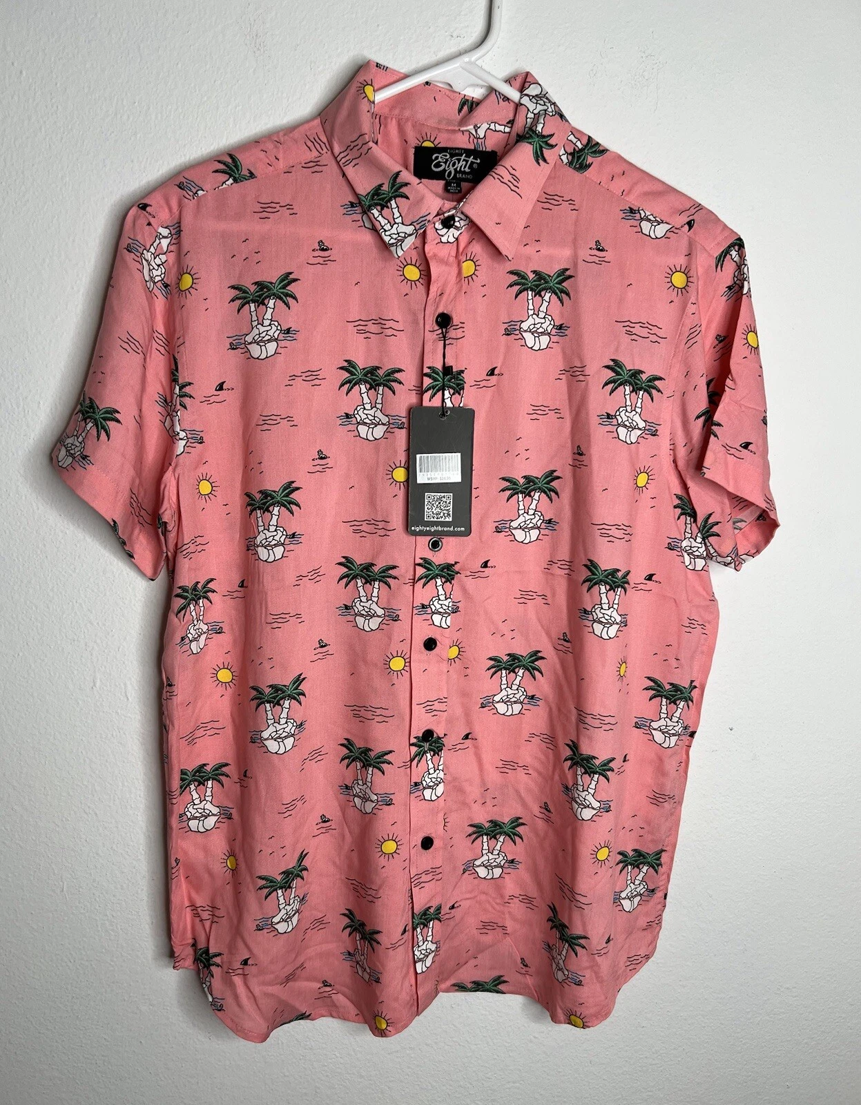 Eighty Eight Men's Pink Palm Tree Island Sun Hawaiian Shirt Medium