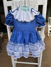 Vtg Marthas Miniatures Full Circle Blue Ruffle Dress White Lace Bows Girls 4T
