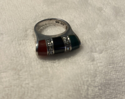Vtg Rainbow Multi Colored Mosaic 3 Stone Inlay 925 Sterling Silver Ring Sz 5
