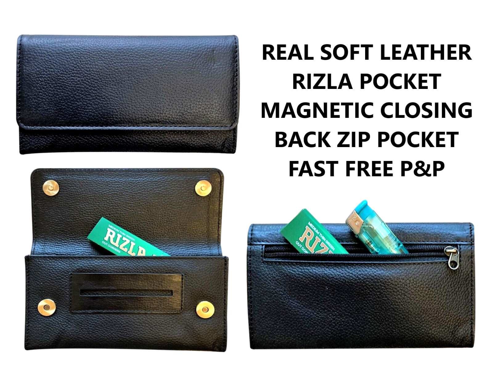 Soft Black Leather Tobacco Pouch Case Organiser with Zip & Rolling Paper Pocket