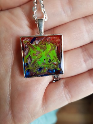 Multicoloured acrylic paint and resin silver square pendant necklace