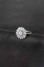 Amazing Flower Shape Silver Moissanite Round & Baguette Cut Anniversary Ring