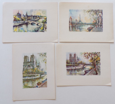 Marius Girard Paris France Signed Watercolor Prints Set of 4 Eiffel Notre Dame