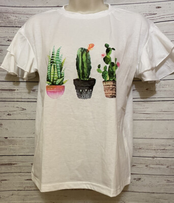 Womens T-Shirt Size XS Cactus Garden Plants in Pots White Short Sleeve Ruffles