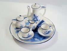 Miniature 10 Piece Blue Doll Tea Set Ceramic Porcelain Blue Windmill Delft Style