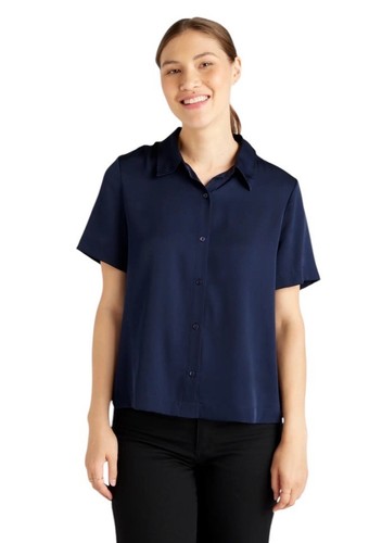 QUINCE NAVY WASHABLE SHORT SLEEVE SILK STRETCH BLOUSE SZ AFFORDABLE LUXURY SZ L