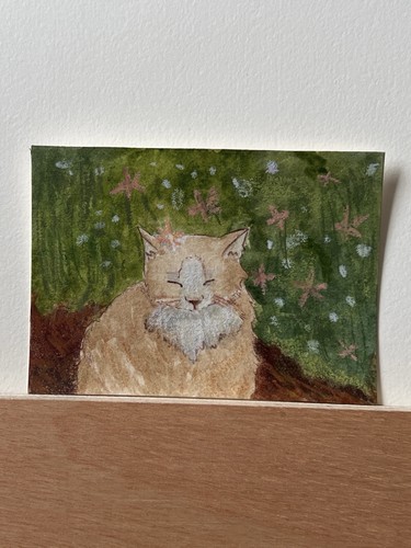 ACEO Original Painting “Wondering Kitty” Watercolor Cat Animal Botanical Whimsy