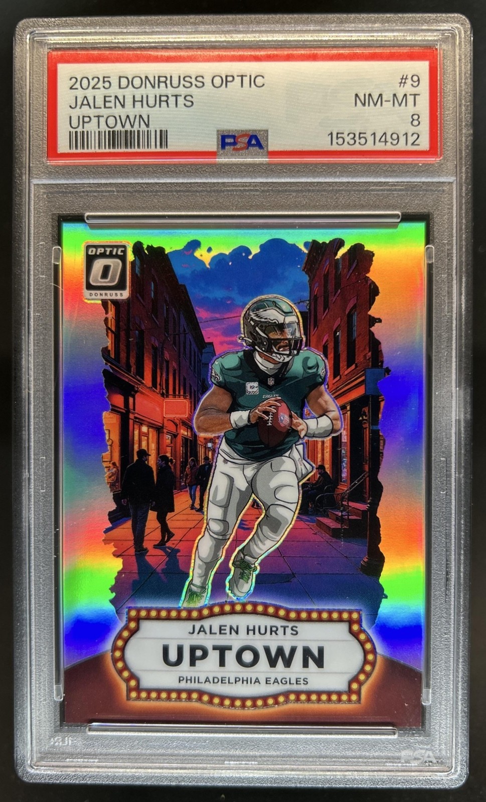 2025 Panini Donruss Optic Jalen Hurts Uptown #9 Eagles PSA 8 view 1