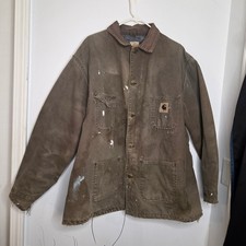 Vintage Carhartt Chore Coat Brown Duck Canvas Blanket Lined Distressed Mens XL