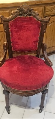 Victorian Style Red Velvet Upholstered Dark Wood Accent Chair, Solid, Indoor