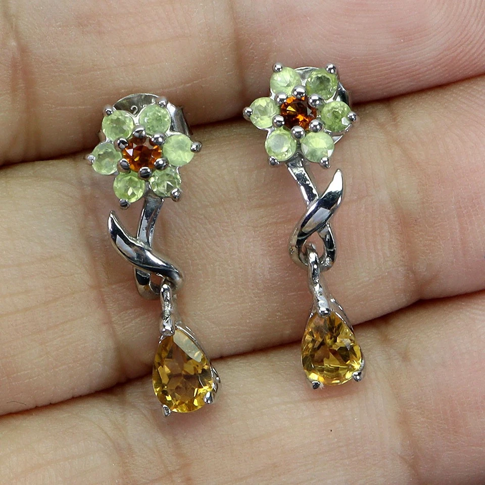 925 Sterling Silber Ohrringe Birne Citrin Peridot Edelstein No USA Einfuhr Fees - Bild 2 von 4