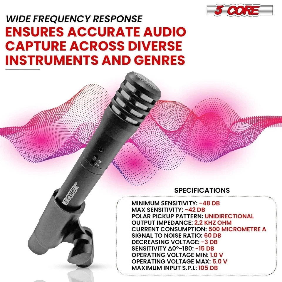 5Core Instrument Microphone Professional XLR Cardioid Pencil Stick Condenser Mic - Image 3 of 4