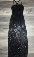Vtg 90s Nite Line Black Sequin Maxi Dress Gown Slit Halter Sz 2