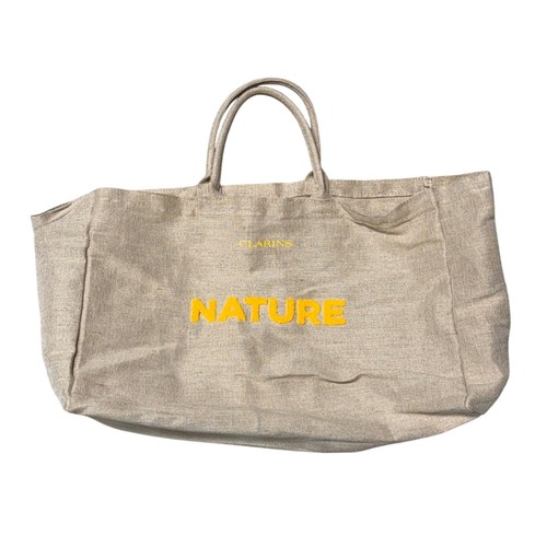 Clarins Nature Recycled Fiber Tote Bag Beige Yellow Chenille Embroidered Large