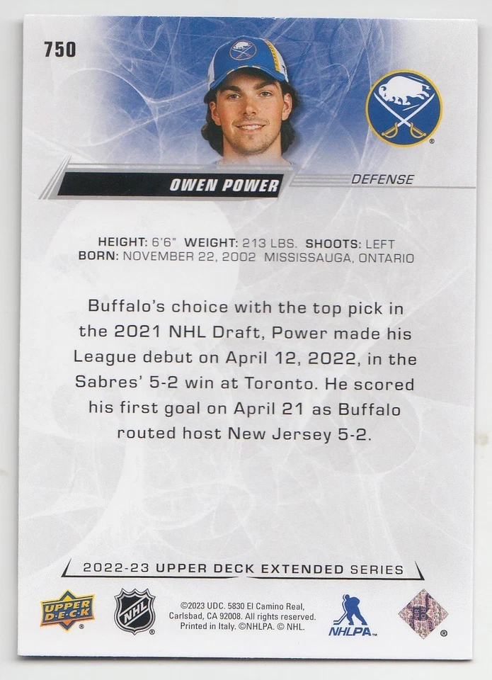 2022-23 UD Extended Series Owen Power Round 1 Draft RC Exclusives /100 #750 - Image 2 of 2