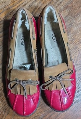 UGG Womens Sz 6 Haylie Red Shearling Lined Slip On Flat Duck Rain Shoes Loafers