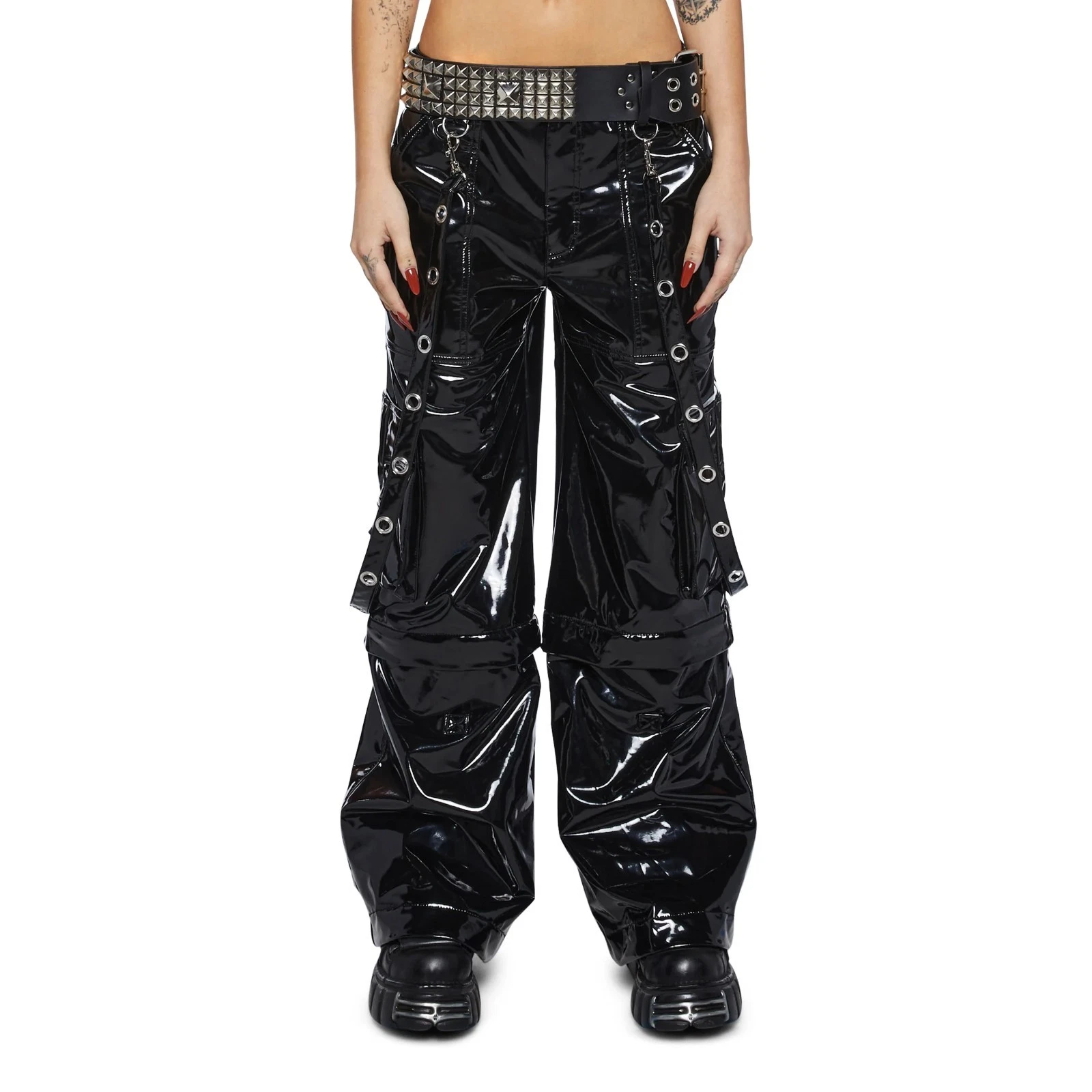 Puritues Black Shiny PVC Bondage Cyber Goth Rave Wide Leg Zip Off Cargo Pants