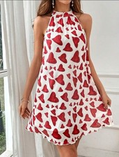 SHEIN Red/White Heart Halter Dress Women's M Sleeveless Lined Flowy Knee Length