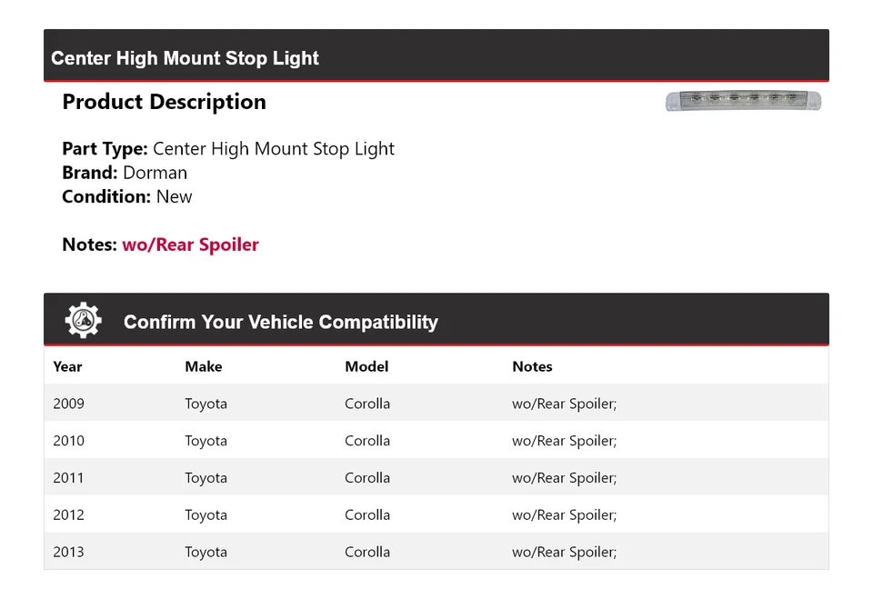 Luz de freno central de montaje alto para Toyota Corolla Dorman 2009-2013 2010 2011 2012 Foto 2 de 4