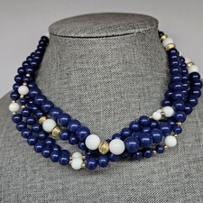 VINTAGE Multi-Strand Blue  White Plastic Beaded Bead Necklace