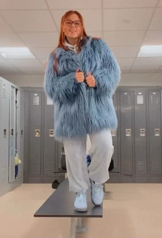 Guess Blue Faux Fur Coat Size Large With Silver Details  - Image 2 of 4